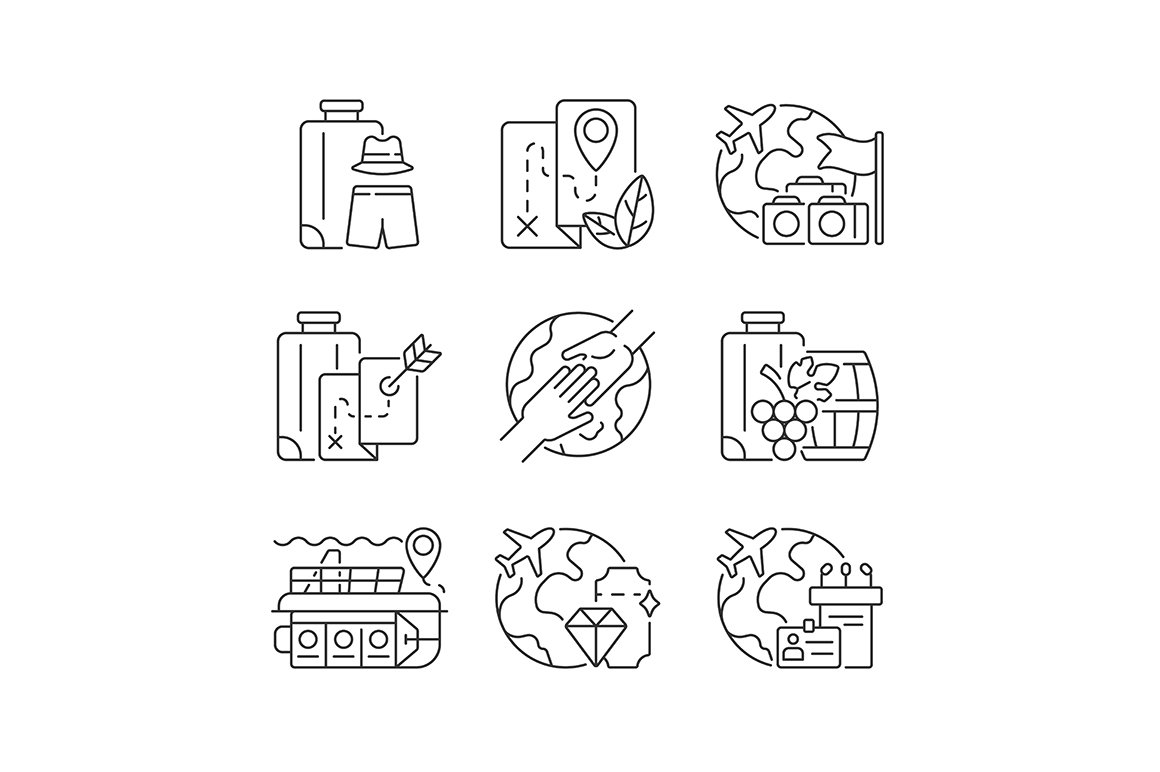 Types of tourism linear icons set cover image.