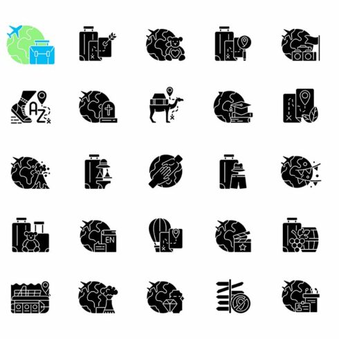 Types of travel black glyph icons cover image.