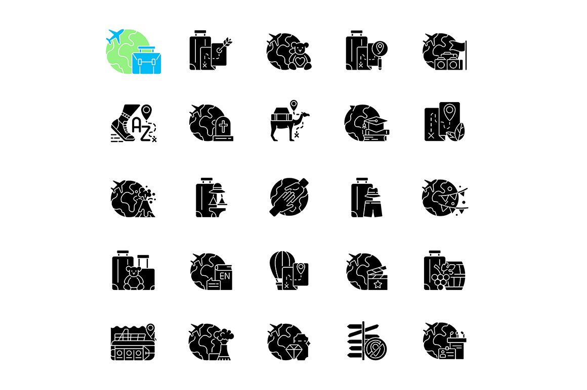 Types of travel black glyph icons cover image.
