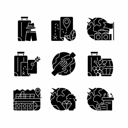Types of tourism black glyph icons cover image.