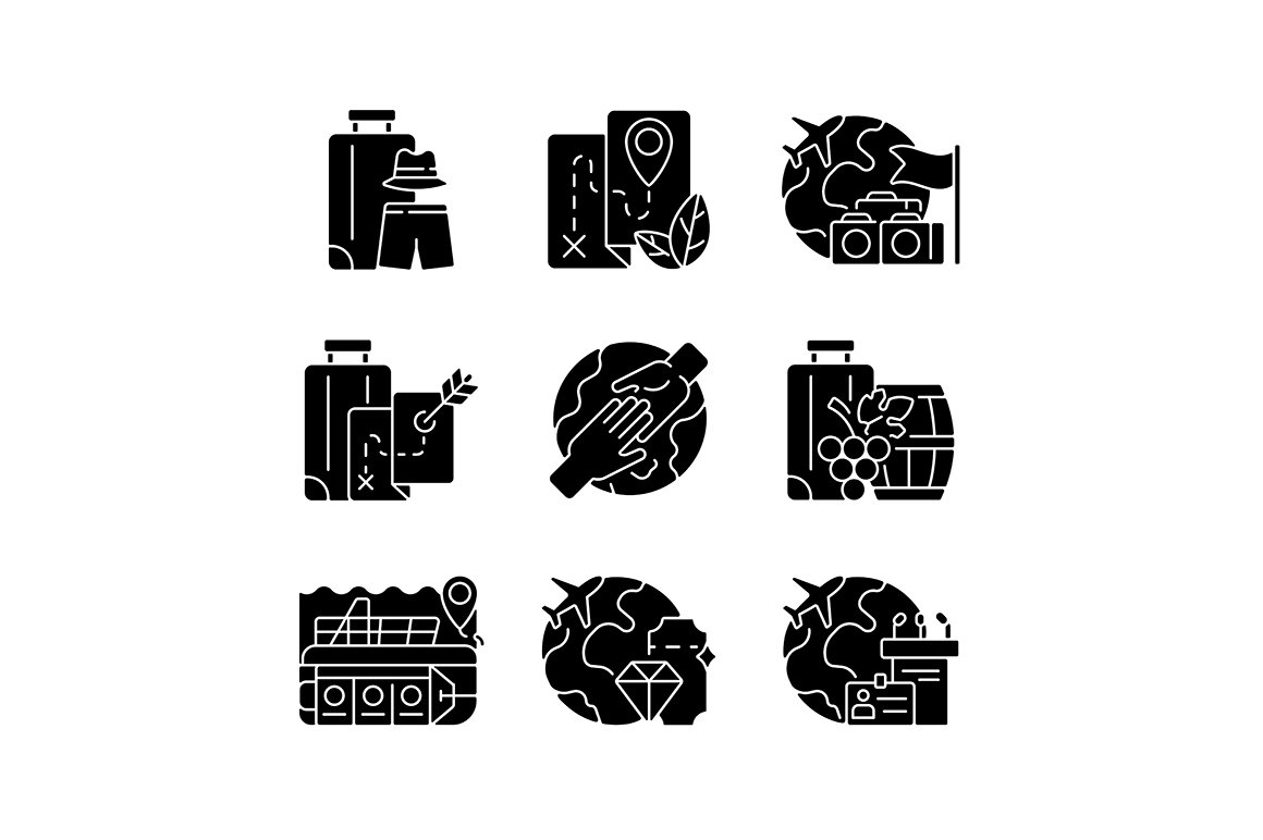 Types of tourism black glyph icons cover image.