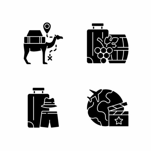 Travel abroad black glyph icons set cover image.