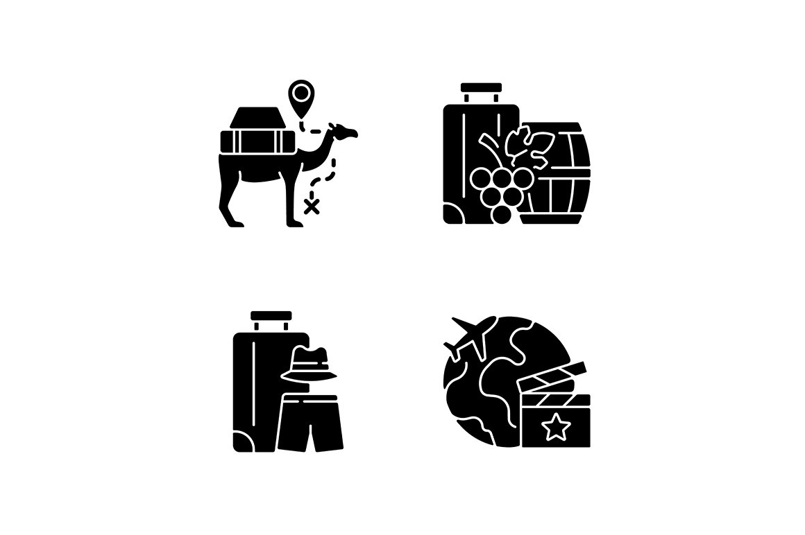 Travel abroad black glyph icons set cover image.