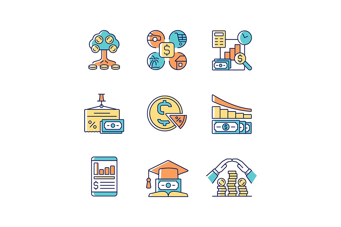 Finance RGB color icons set cover image.