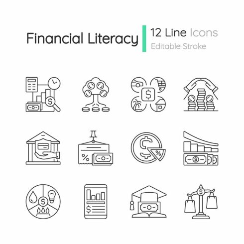 Financial literacy linear icons set cover image.