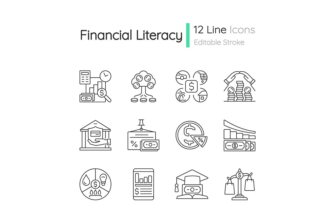 Financial literacy linear icons set cover image.