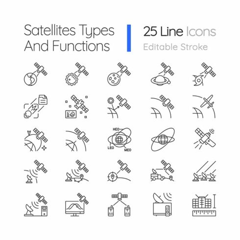 Satellites types linear icons set cover image.