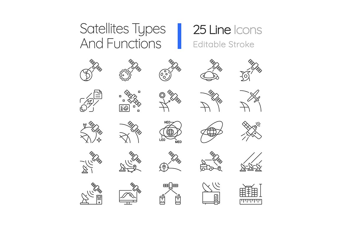 Satellites types linear icons set cover image.