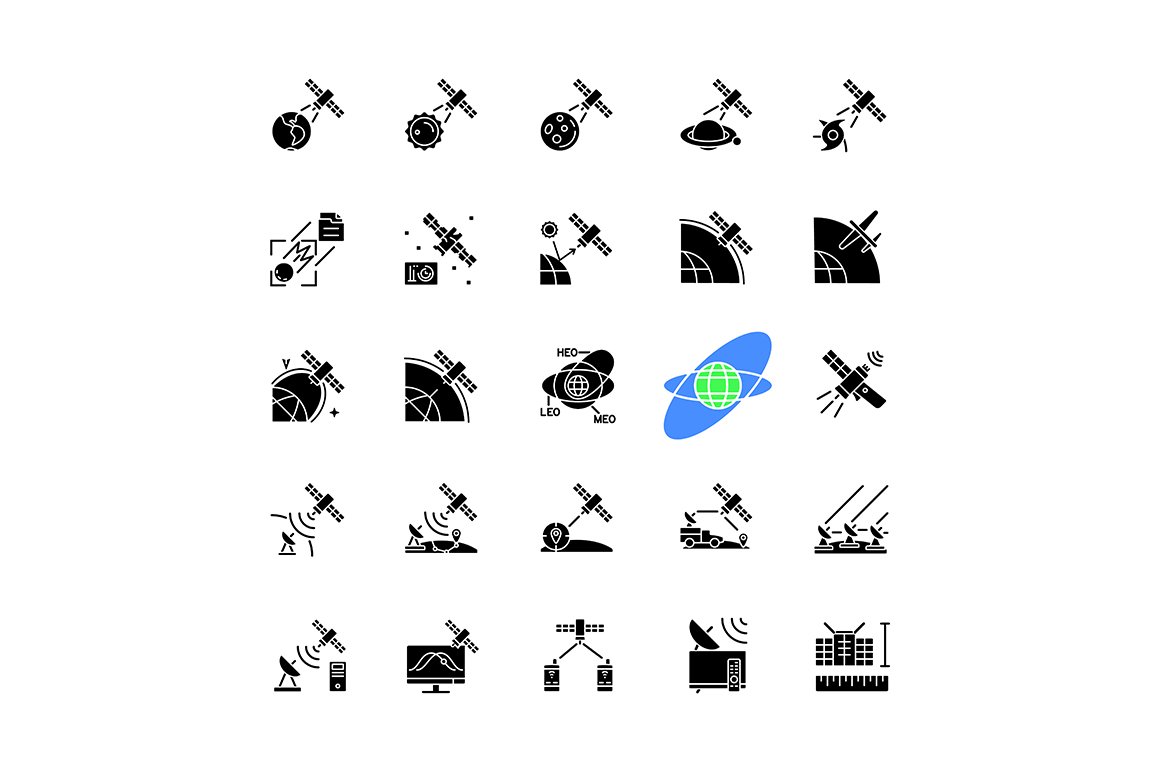 Satellites types black icons set cover image.