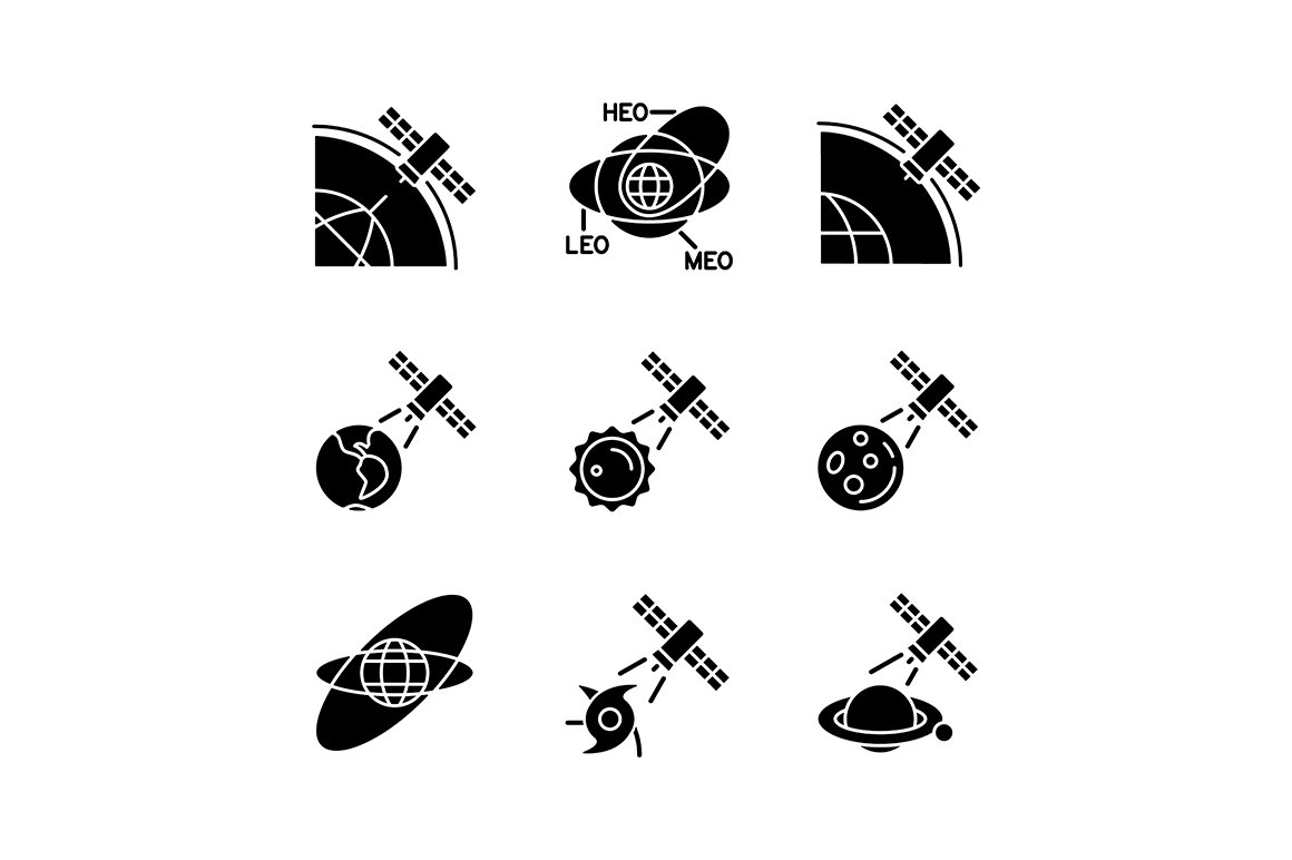 Satellites functions icons set cover image.