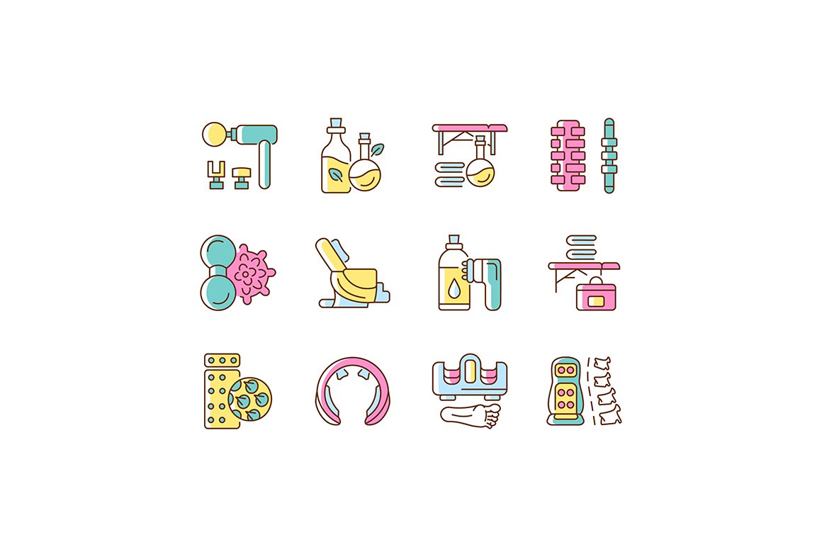 Massage tools and equipment icons cover image.