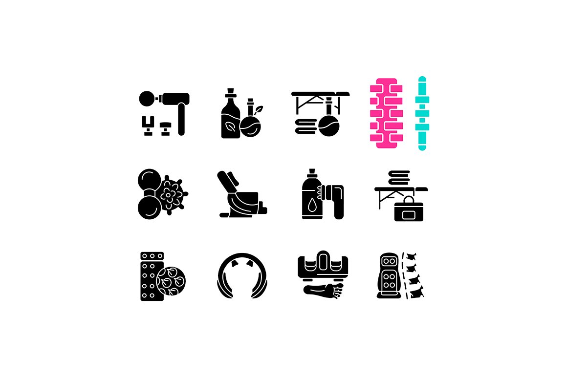 Massage tools and equipment icons cover image.