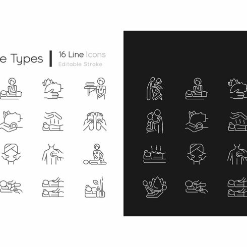 Massage types linear icons set cover image.
