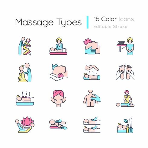 Massage types RGB color icons set cover image.