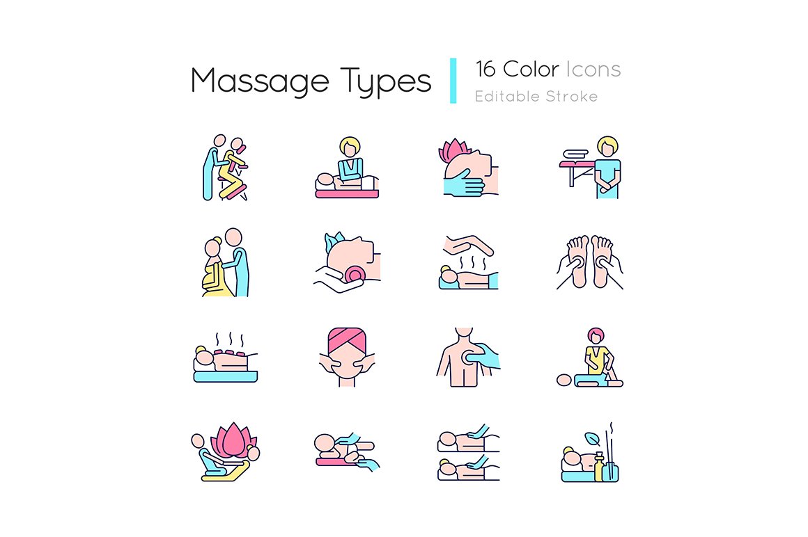 Massage types RGB color icons set cover image.