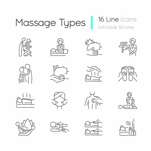 Massage types linear icons set cover image.