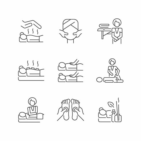 Spa treatments linear icons set cover image.