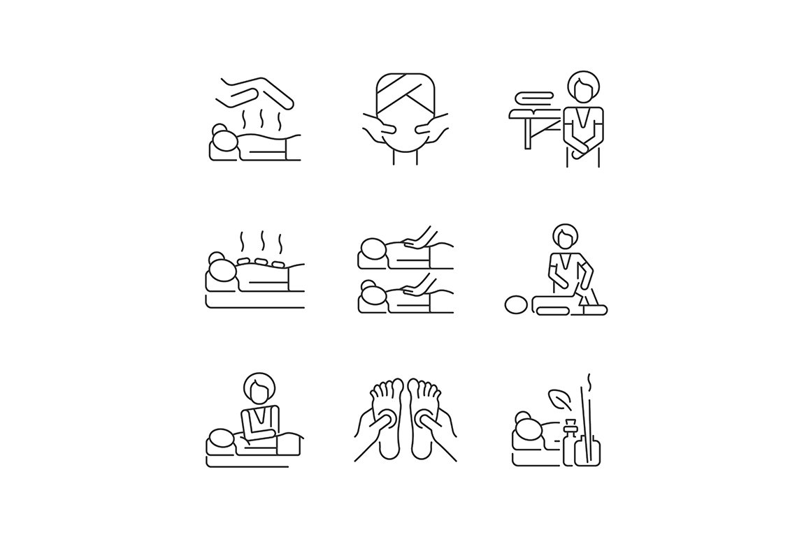 Spa treatments linear icons set cover image.