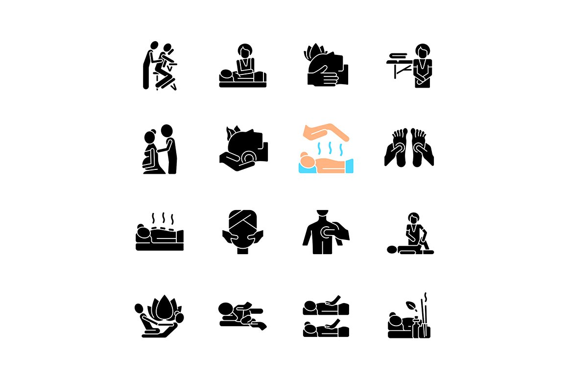 Massage types black glyph icons set cover image.