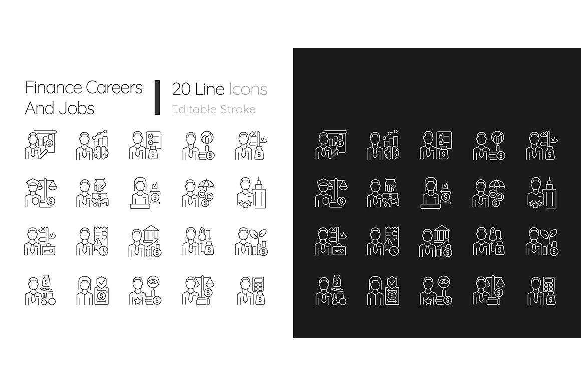 Finance careers and jobs icons set cover image.