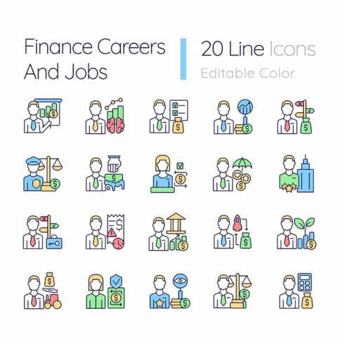 Finance careers and jobs color icons cover image.