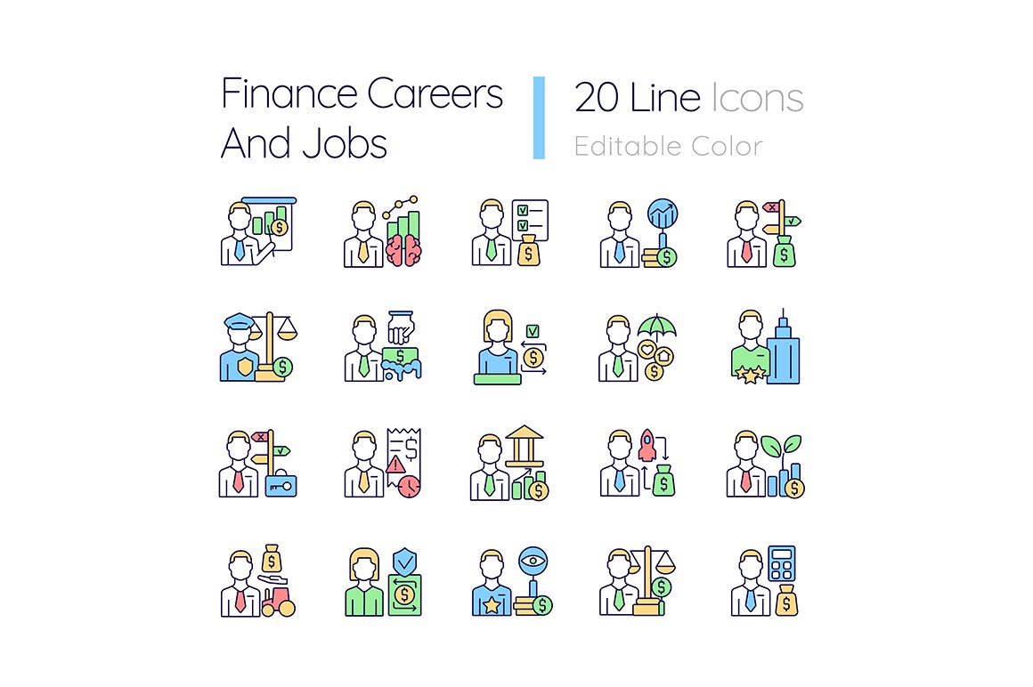 Finance careers and jobs color icons cover image.