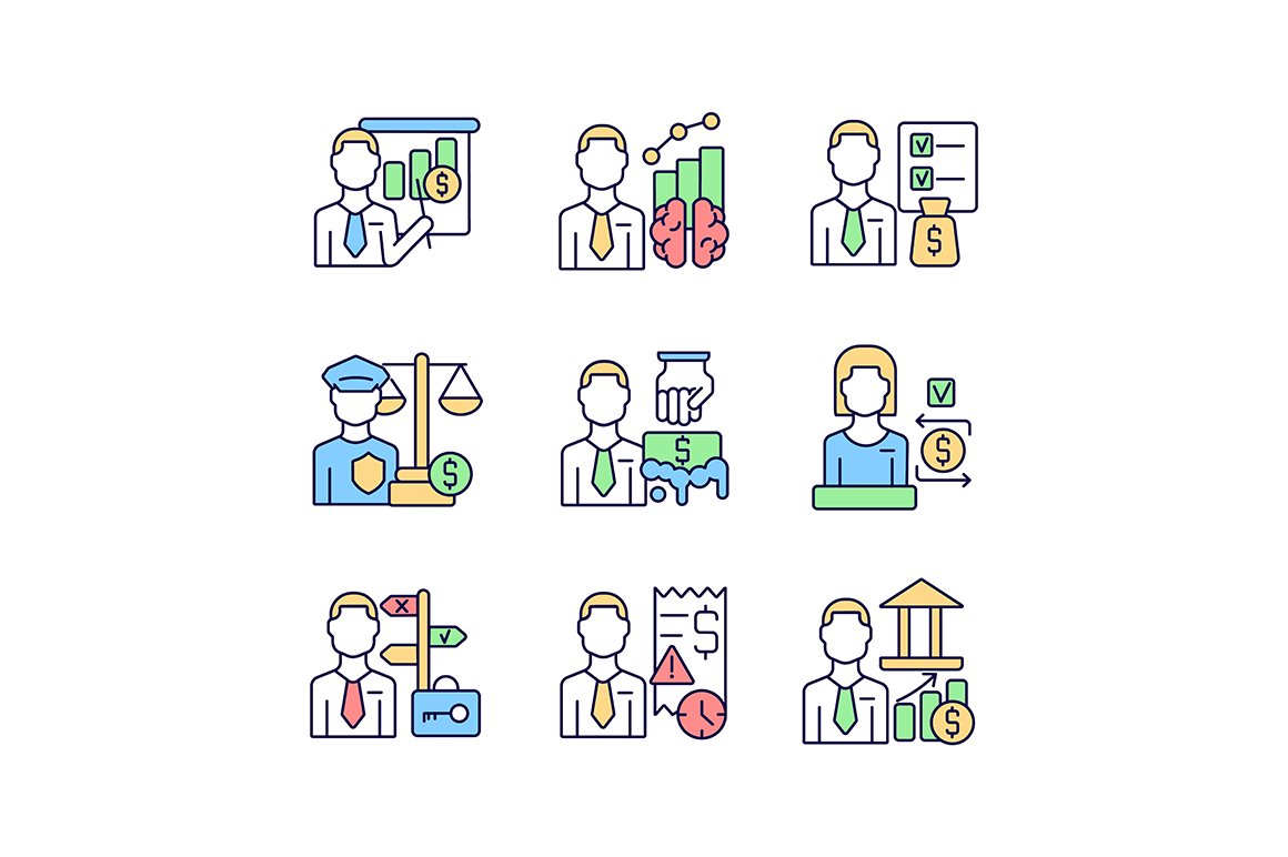 Career in finance field color icons cover image.