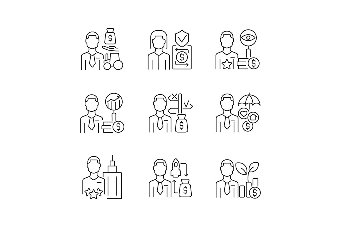 Finance jobs linear icons set cover image.