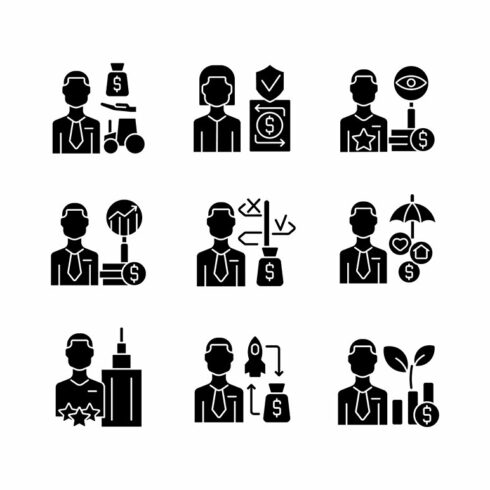 Finance jobs black glyph icons set cover image.