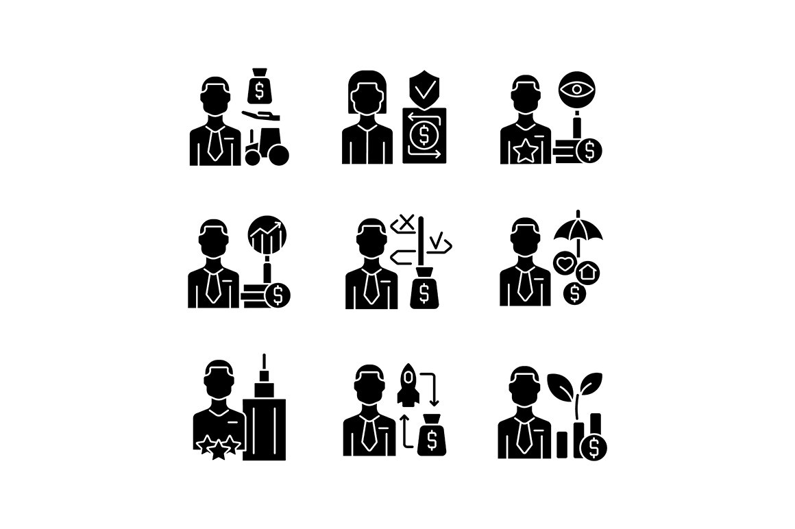 Finance jobs black glyph icons set cover image.