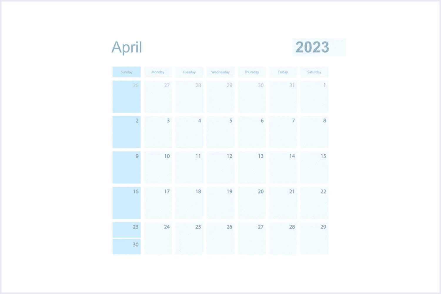 Vibrant general blue April 2023 Calendar.