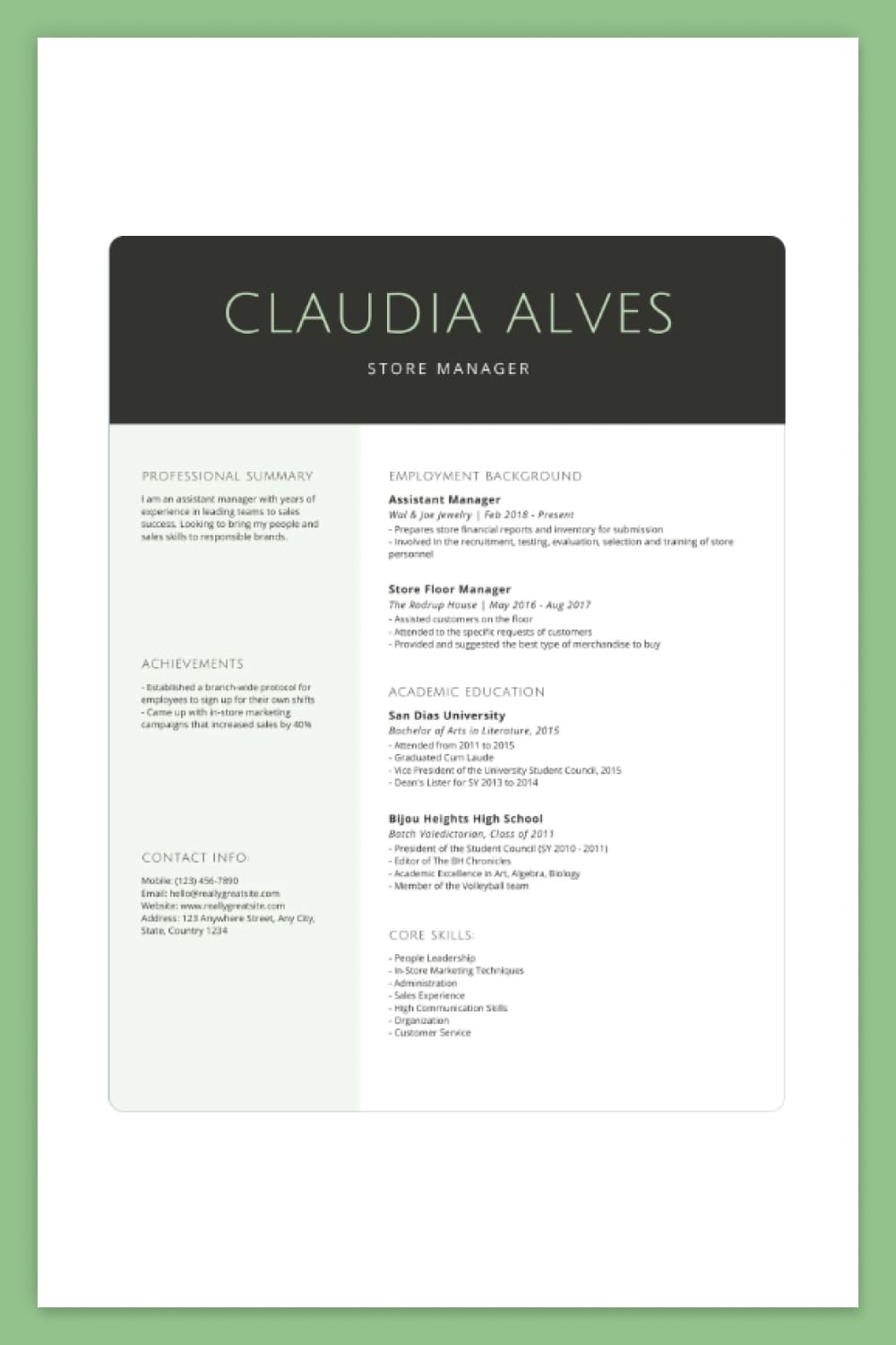 Two-column resume with black, gray and white color scheme.
