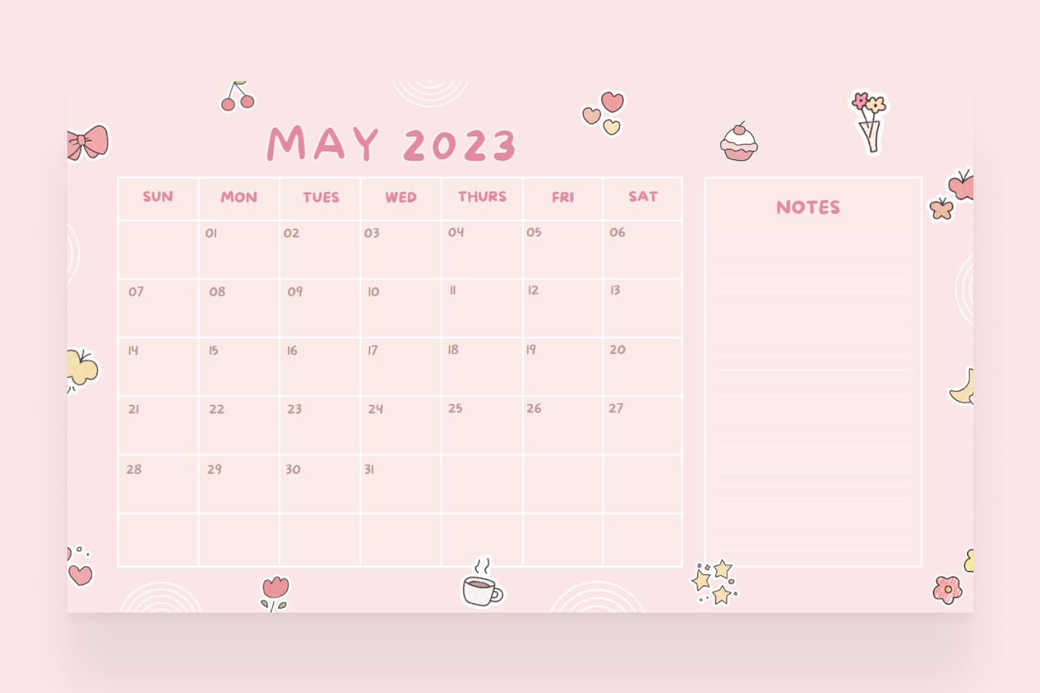 Calendar with a cute and feminine layout in a pink and white color scheme and illustrations of flowers and hearts.