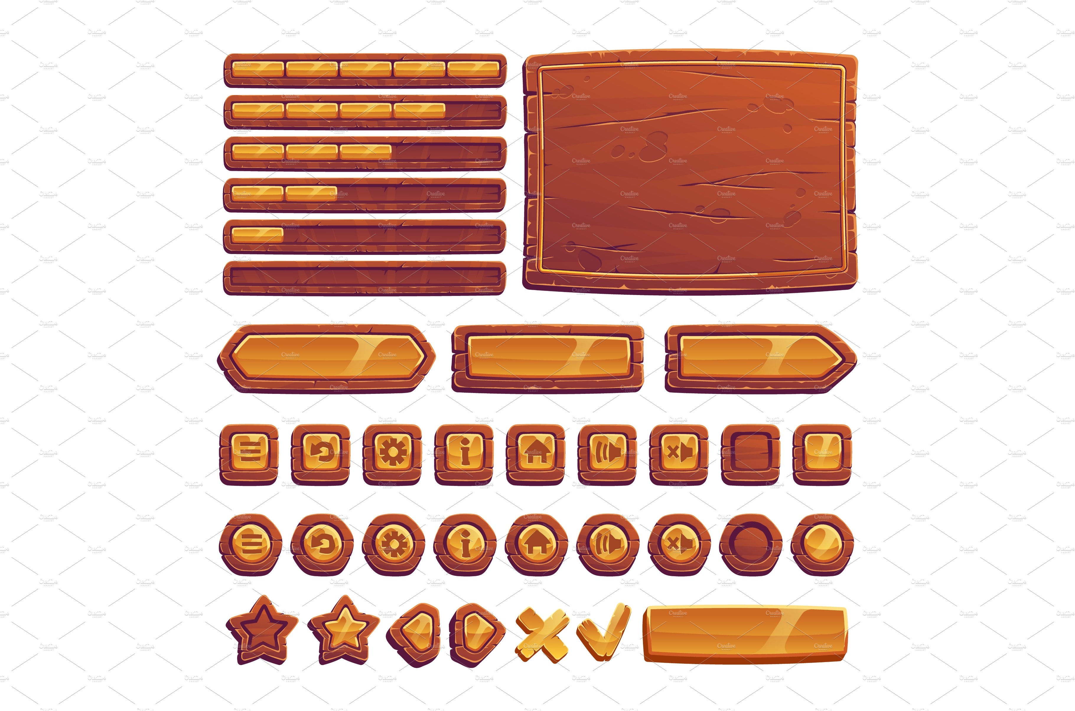 Wooden and gold buttons for ui game cover image.