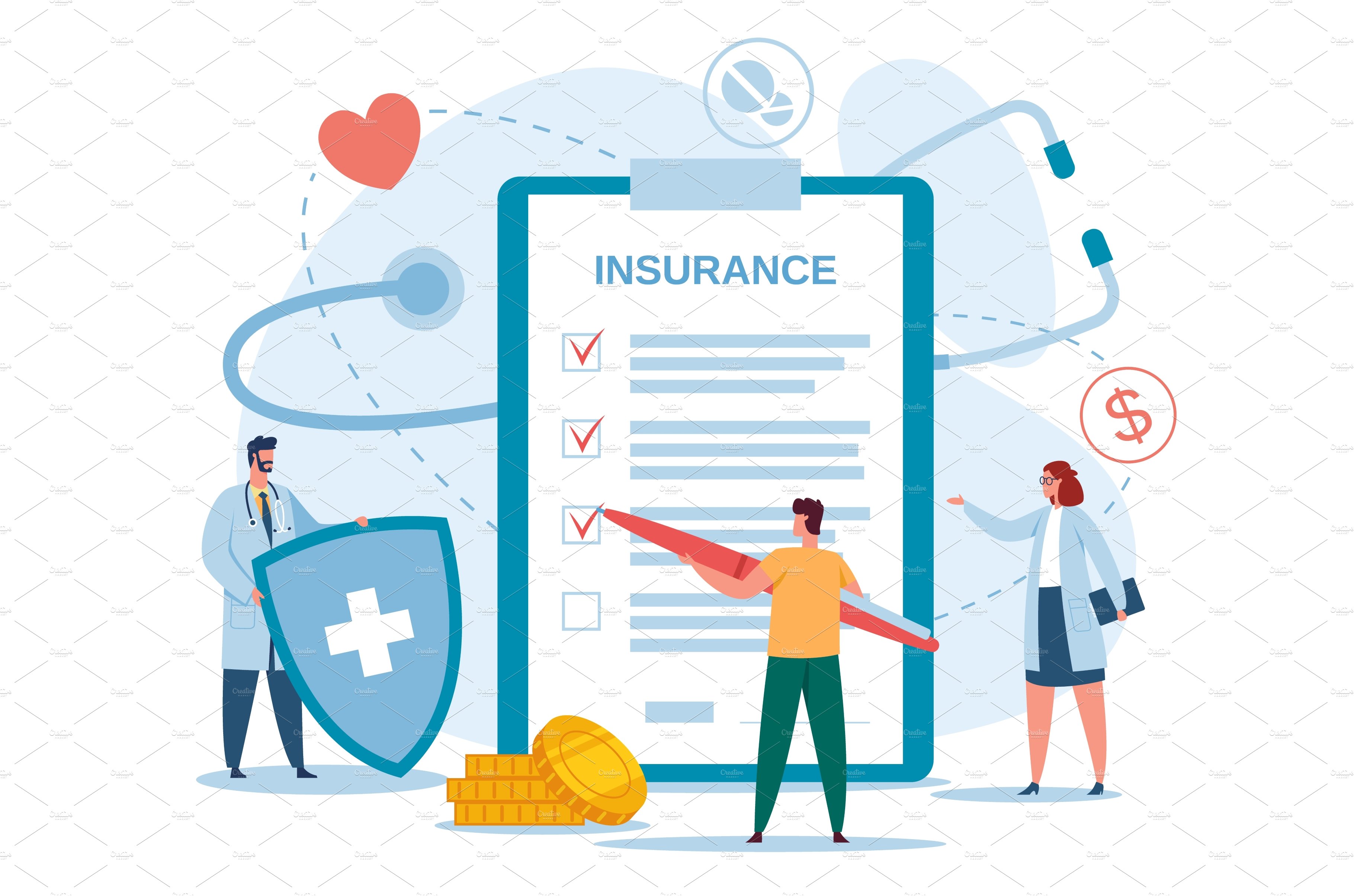 Health insurance. Doctor with shield cover image.