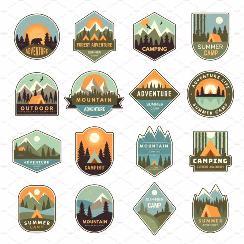 Summer camp badges. Mountain cover image.