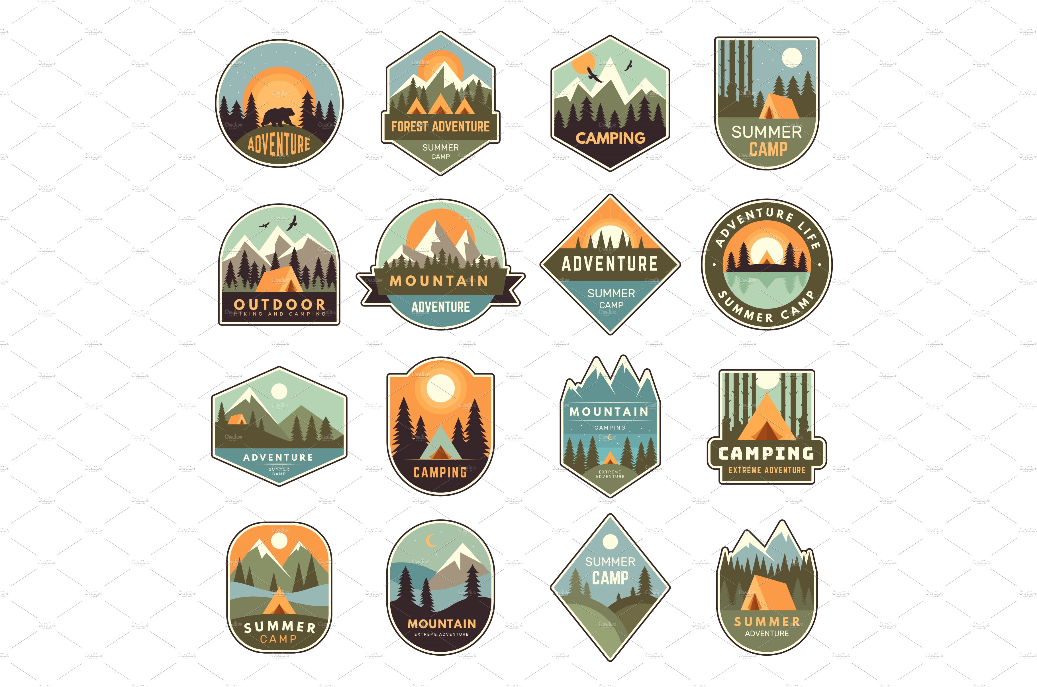 Summer camp badges. Mountain cover image.
