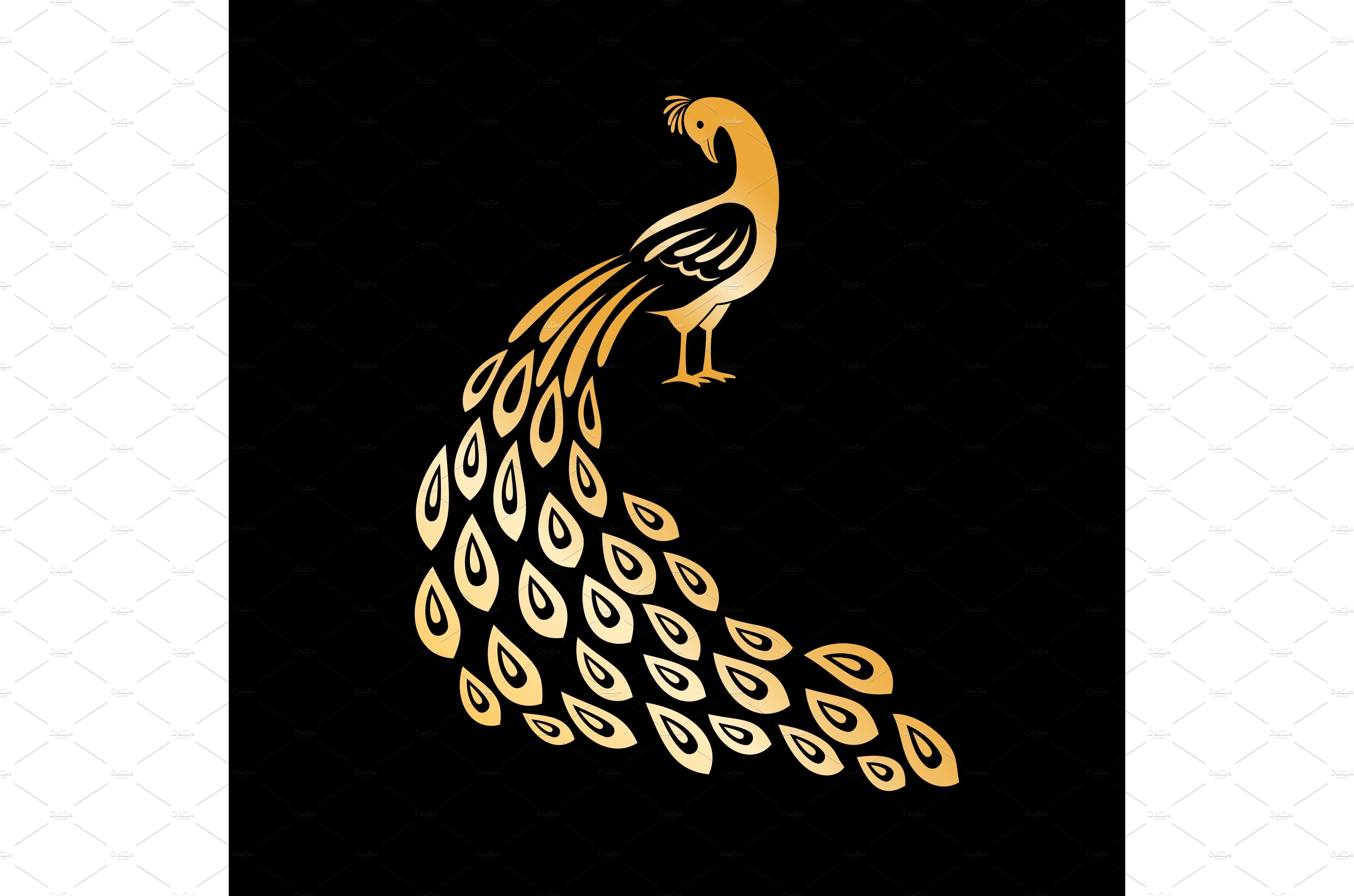 Gold peacock. Golden peafowl logo element, crystal feathers tail peecoock  bird, indian decorative peacock isolated on black background Stock Vector |  Adobe Stock