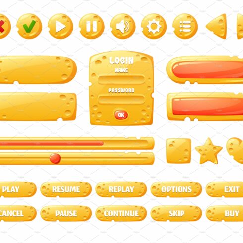 Cheese game ui buttons, cartoon menu cover image.