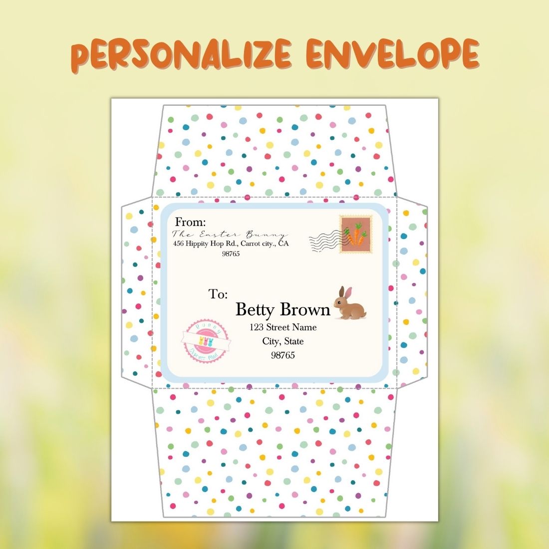 Personalized envelope with a bunny on it.