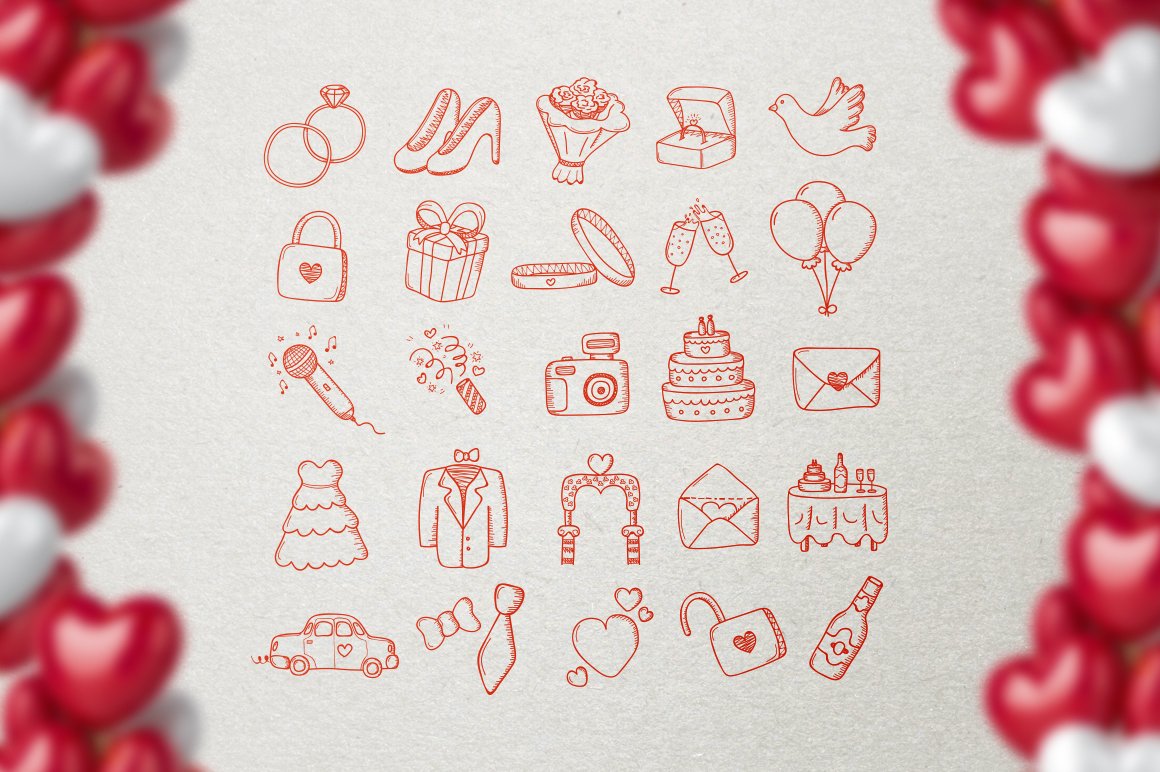 Wedding Hand Drawn Icons Set preview image.
