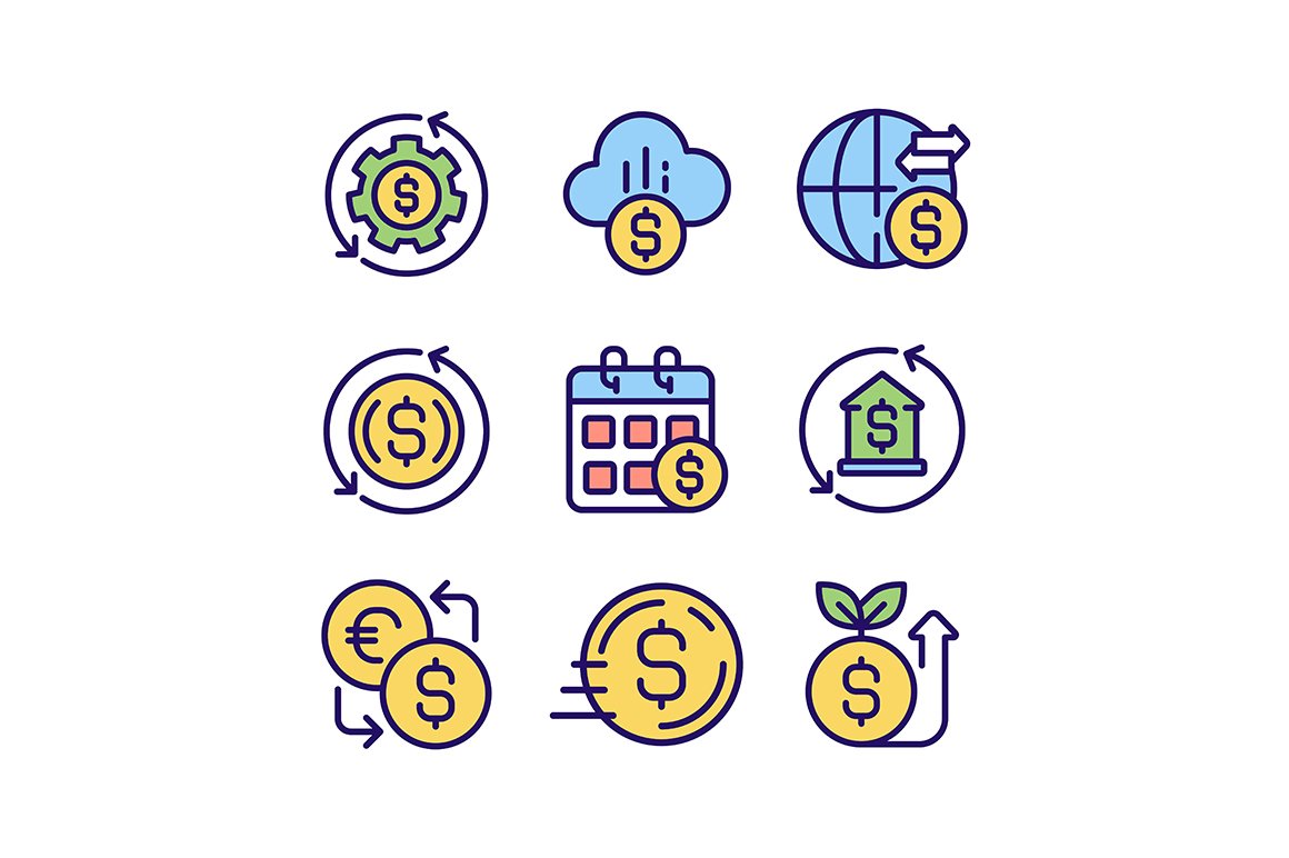 Financial operations icons set cover image.