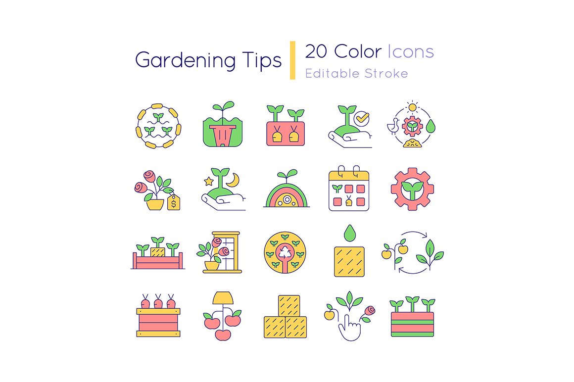 Gardening tips RGB color icons set cover image.