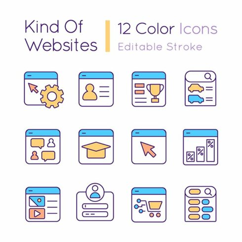 Kind of websites RGB color icons set cover image.