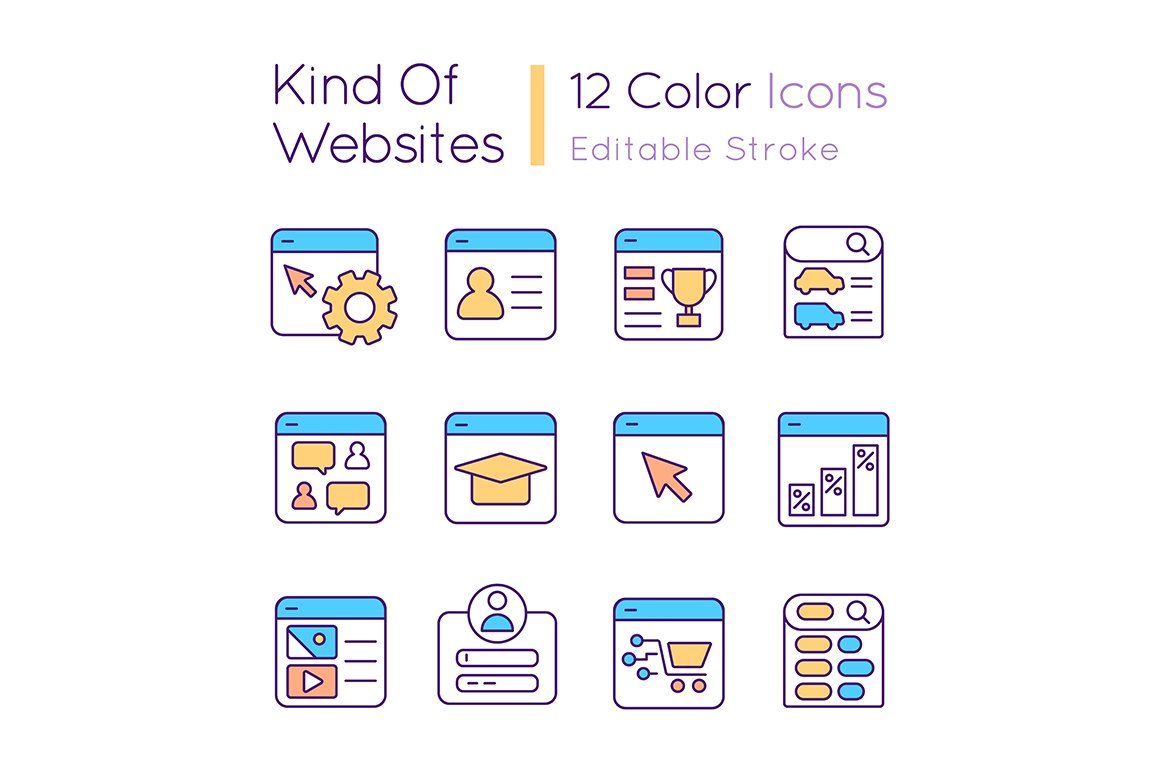 Kind of websites RGB color icons set cover image.