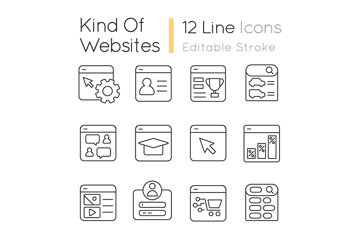 Kind of websites linear icons set cover image.