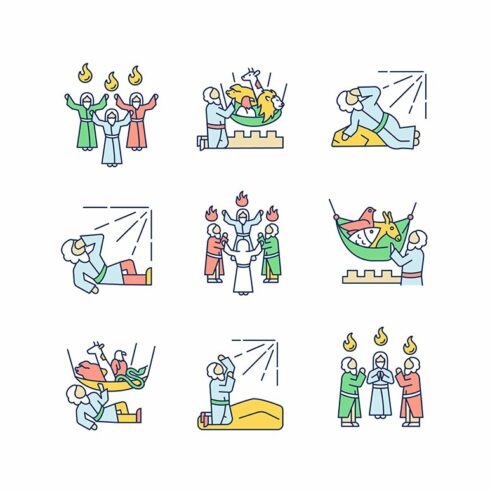 Bible narratives RGB color icons set cover image.