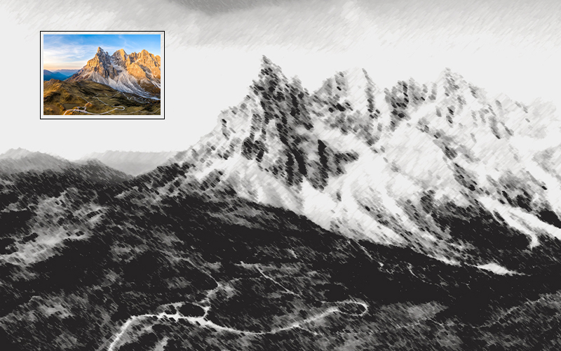 Black and white photo of a mountain range.
