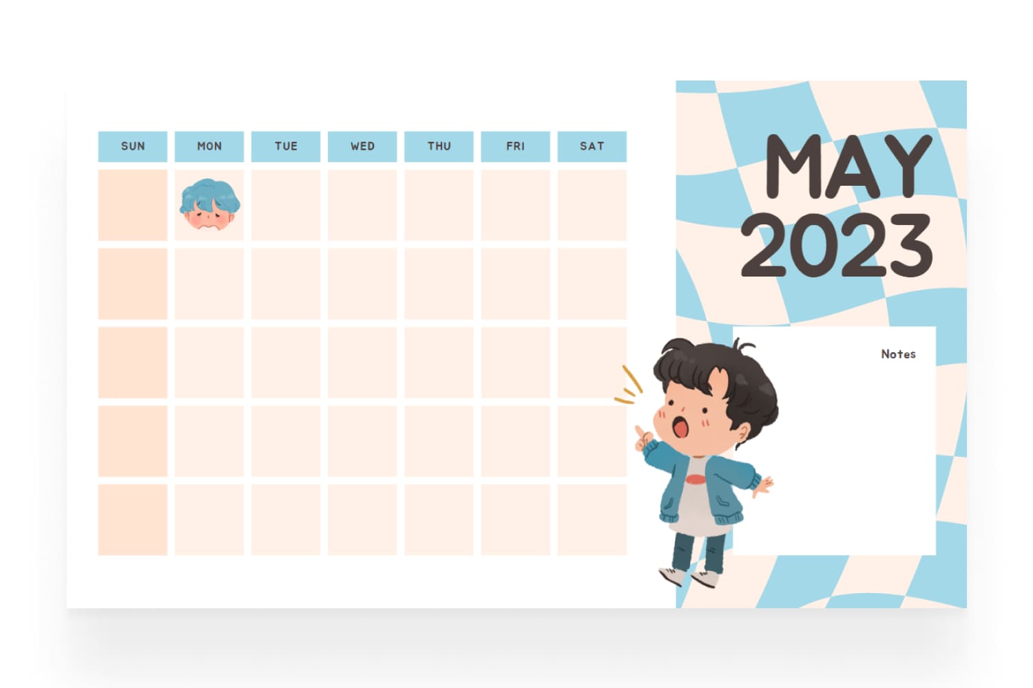 May calendar with colored background and funny drawn boy.