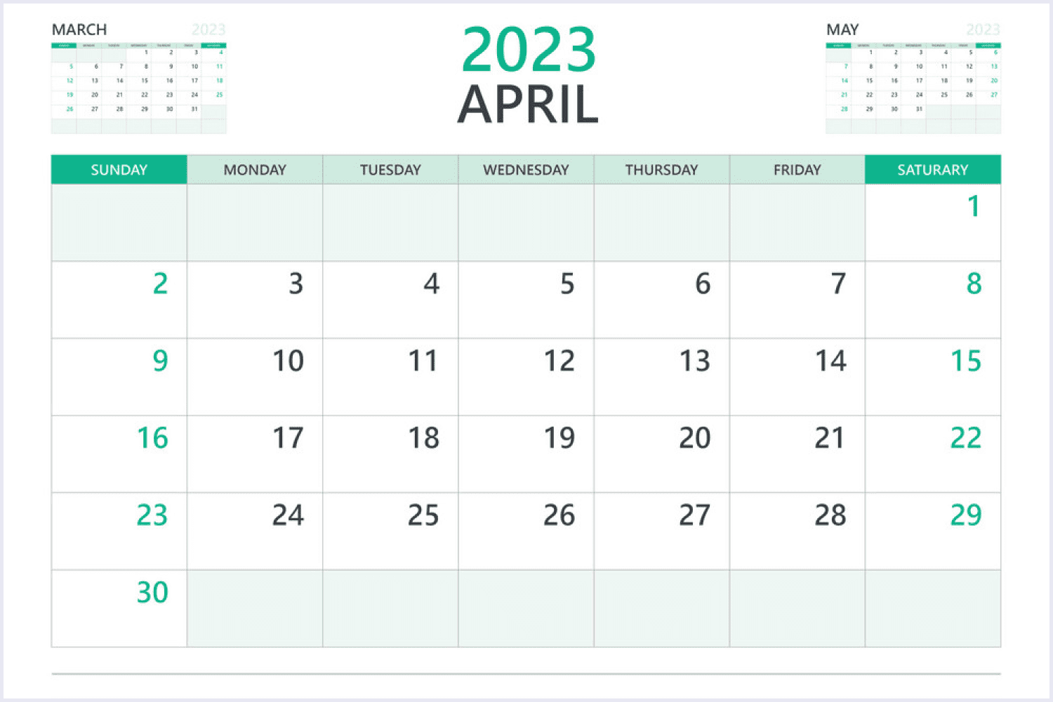 Calendar for April 2023 in green colors.